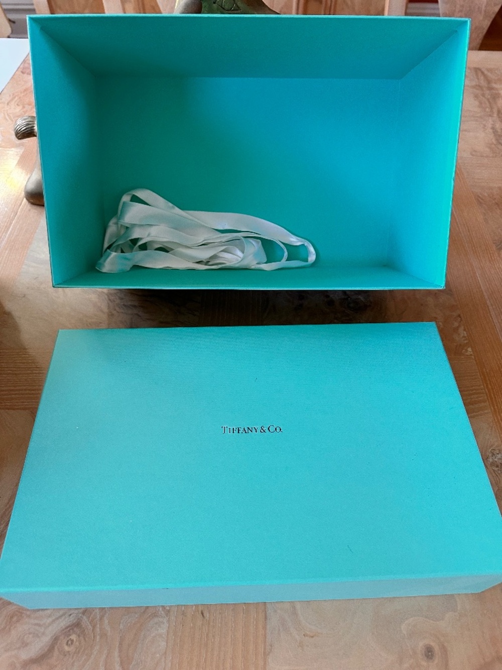 Classic Blue Tiffany Box with original white ribbon, 12 3/4” L X 8” W x 6 1/2” D